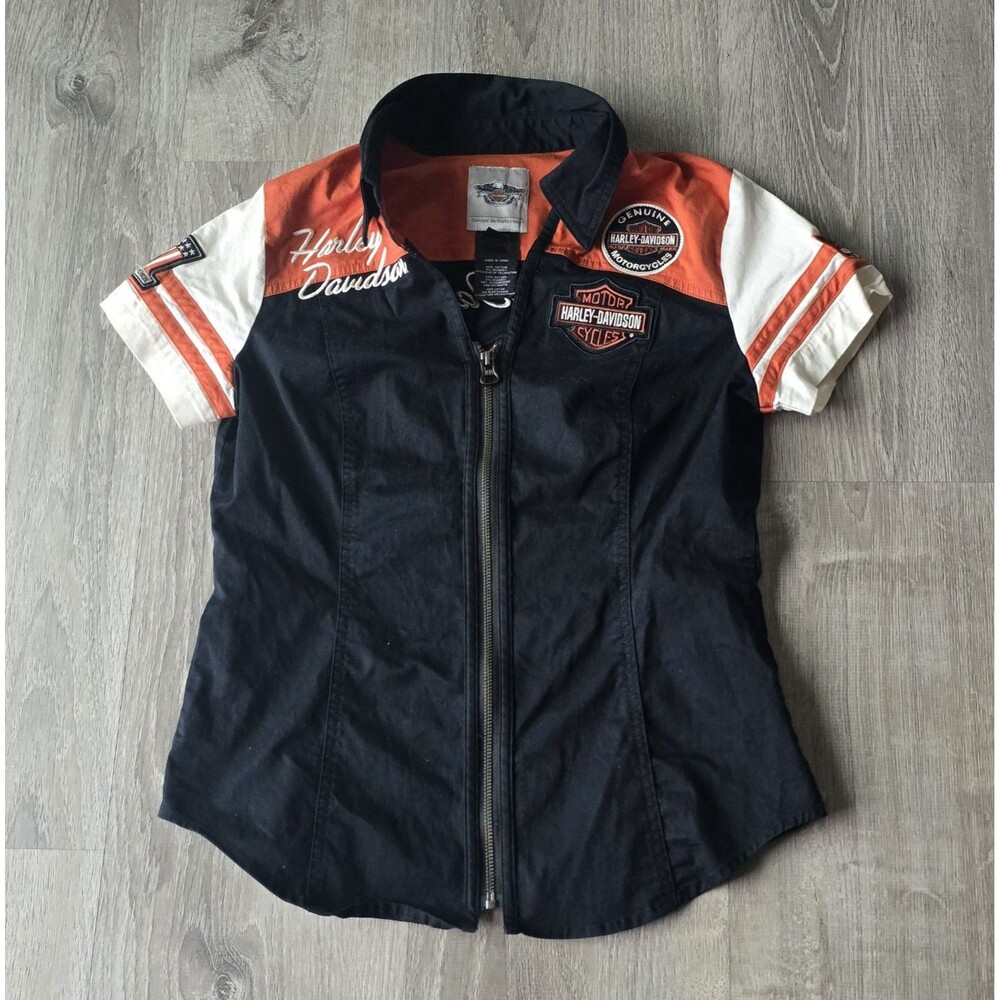 Women's Harley Davidson Motorcycles Patch Zip-Front Riding Shirt Striped Size S
